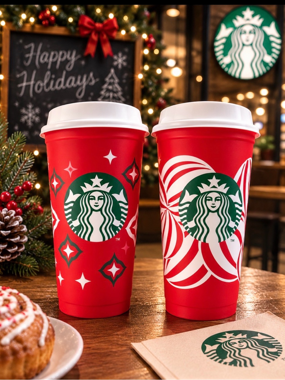 Starbucks Holiday Red Reusable Cups Set of 2 White Lids